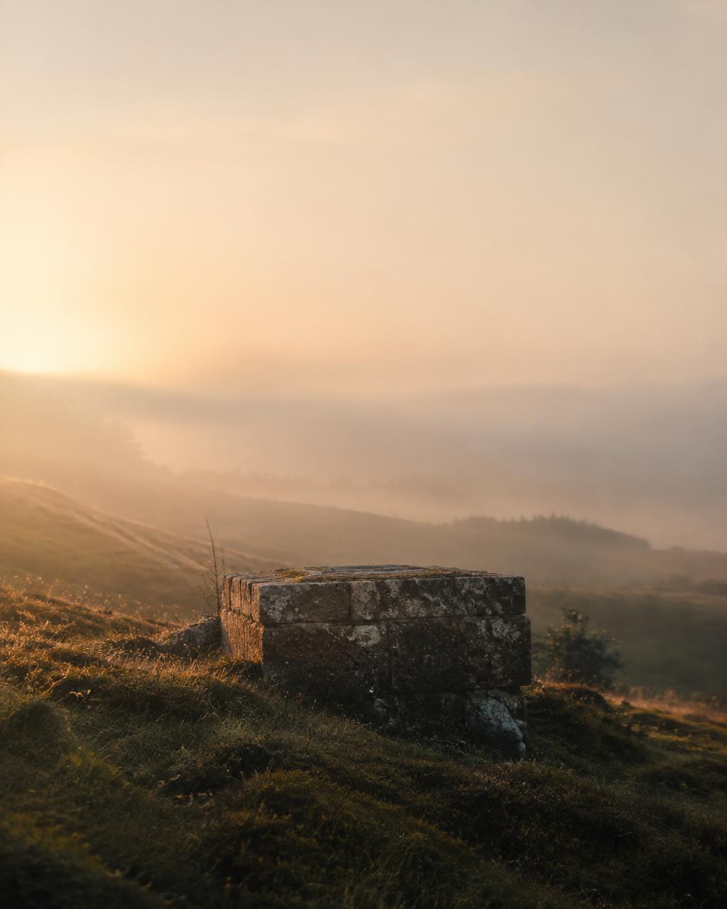 A weathered stone foundation on a hillside at dawn